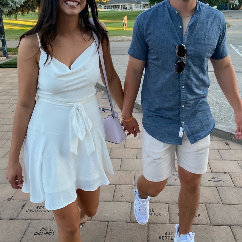 White cowl neck dress